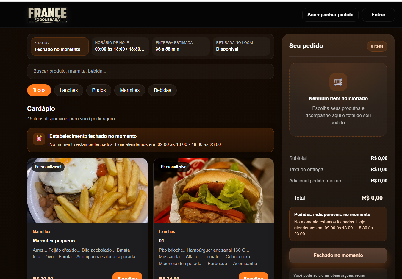 Tela do cardápio digital France Fogo & Brasa