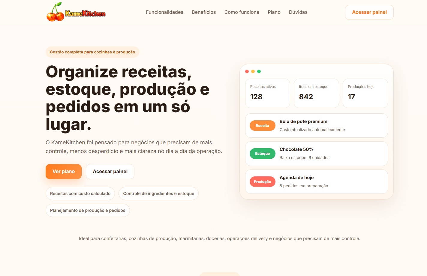 Tela do sistema KameKitchen